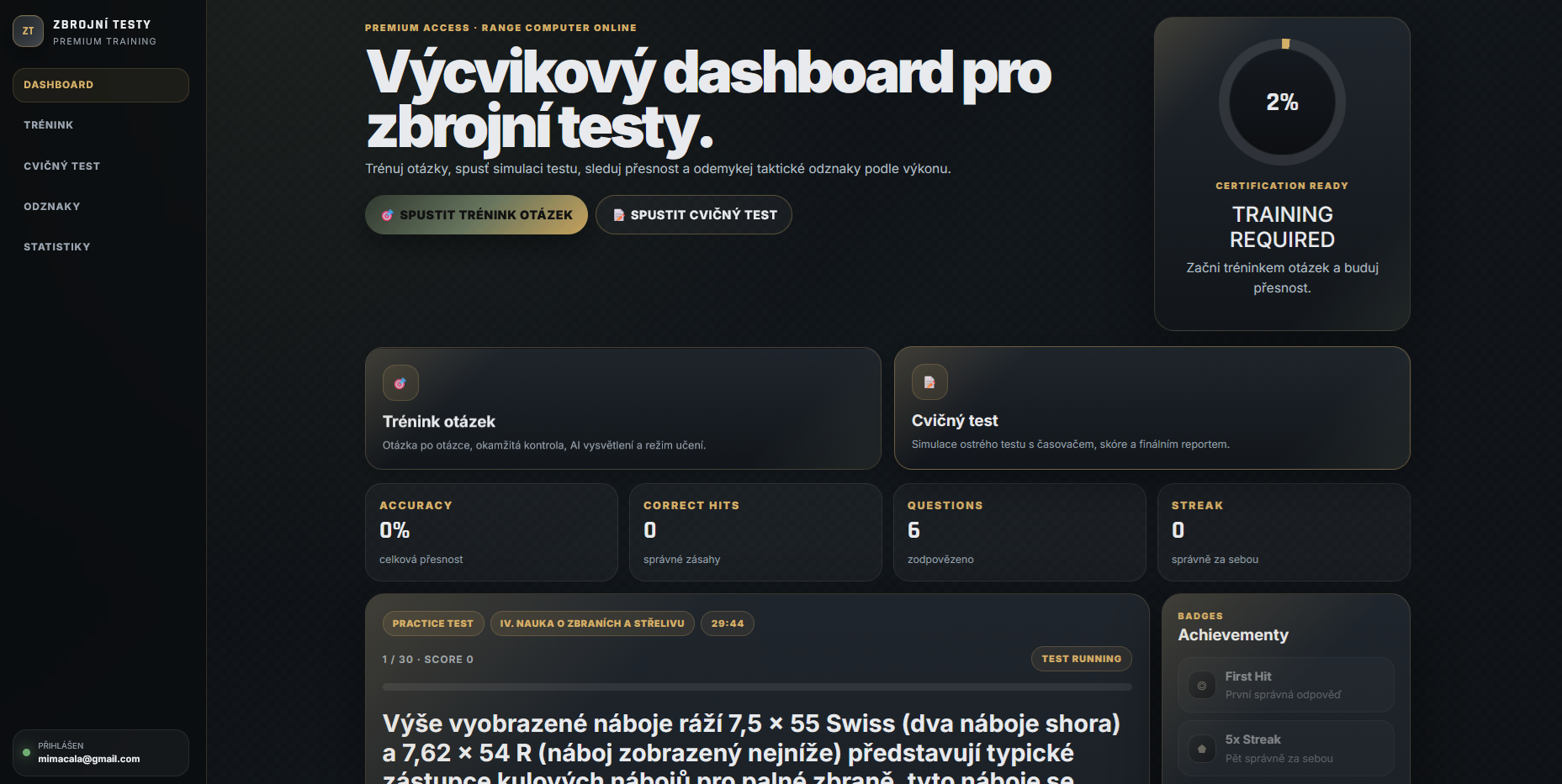 Ukázka premium dashboardu Zbrojní testy